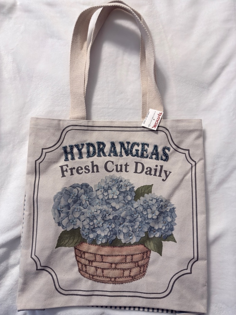 T.J.Maxx Beige Canvas Tote with Beaded Blue Hydrangea